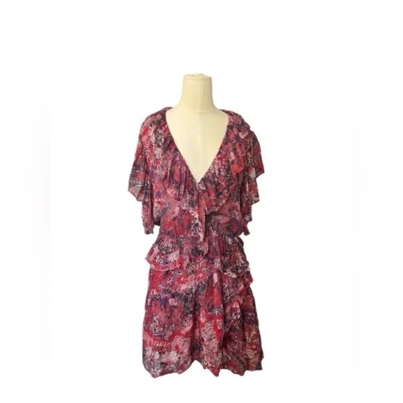 US 6 FR 36 Womens IRO Talara Short Red Dress Printed Chiffon - Picture 3 of 6